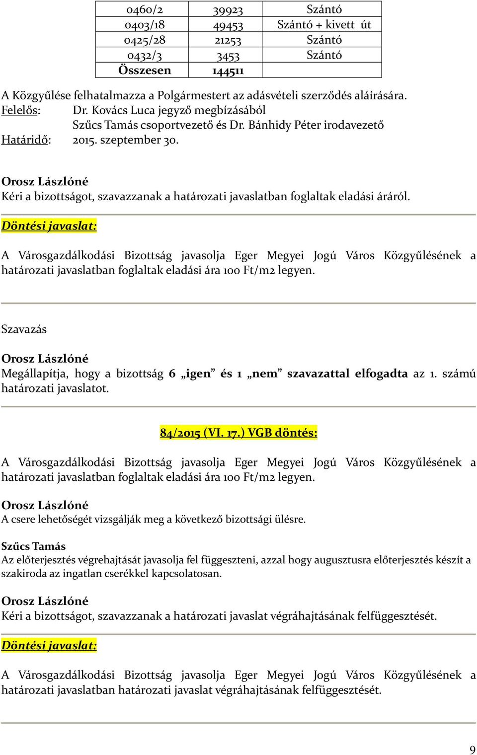 Kéri a bizottságot, szavazzanak a határozati javaslatban foglaltak eladási áráról.