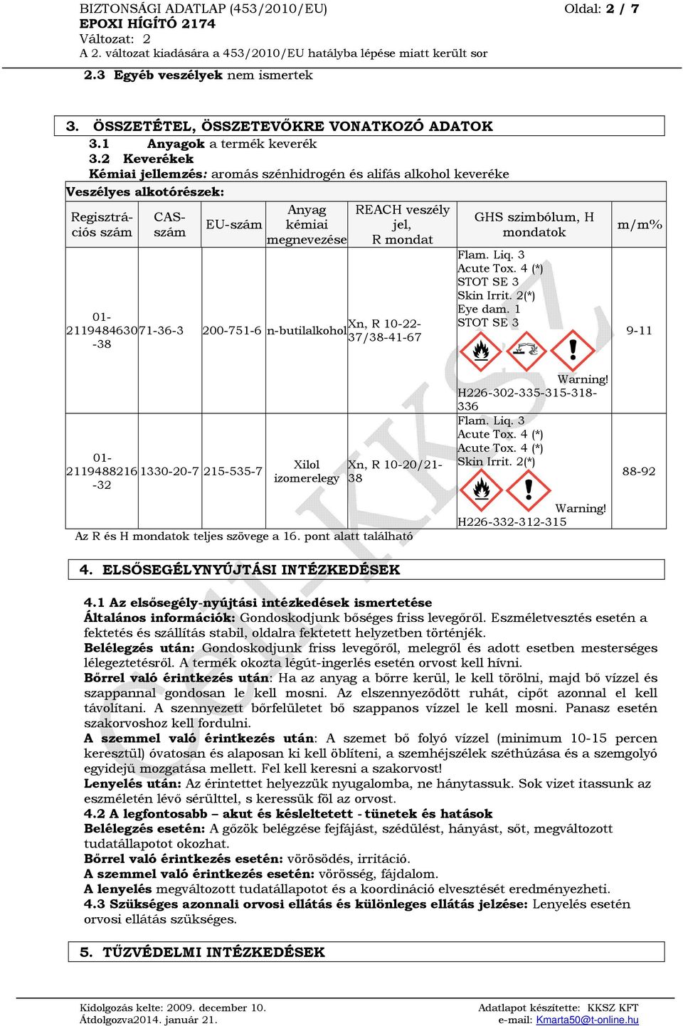 10-22- 211948463071-36-3 200-751-6 n-butilalkohol 37/38-41-67-38 GHS szimbólum, H mondatok Flam. Liq. 3 Acute Tox. 4 (*) STOT SE 3 Skin Irrit. 2(*) Eye dam. 1 STOT SE 3 m/m% 9-11 Warning!