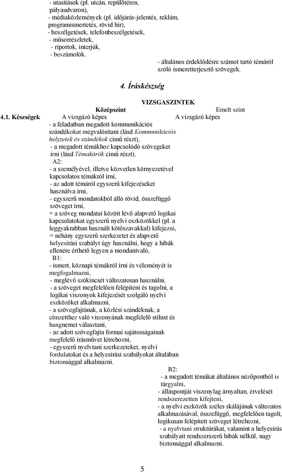 - általános érdeklődésre számot tartó témáról szóló ismeretterjesztő szövegek. 4. Íráskészség VIZSGASZINTEK Emelt szint 4.1.