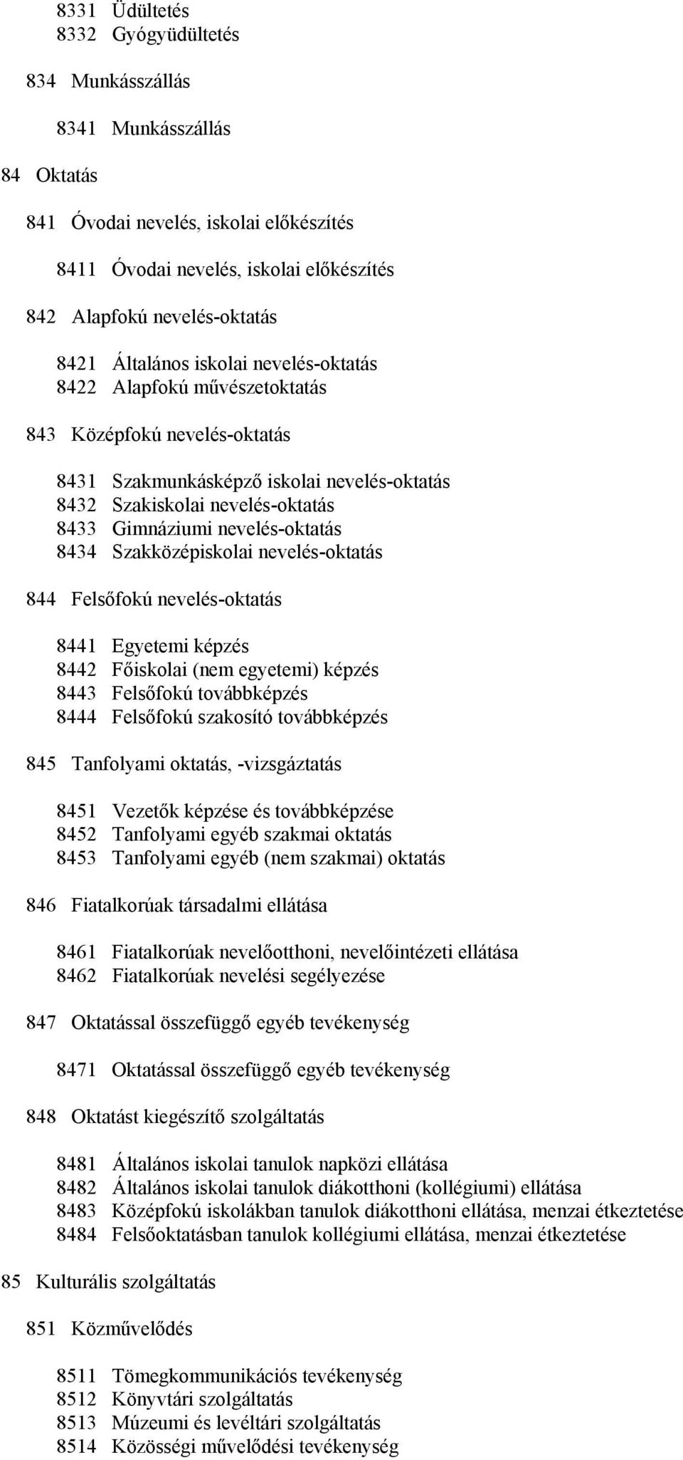 nevelés-oktatás 8434 Szakközépiskolai nevelés-oktatás 844 Felsőfokú nevelés-oktatás 8441 Egyetemi képzés 8442 Főiskolai (nem egyetemi) képzés 8443 Felsőfokú továbbképzés 8444 Felsőfokú szakosító