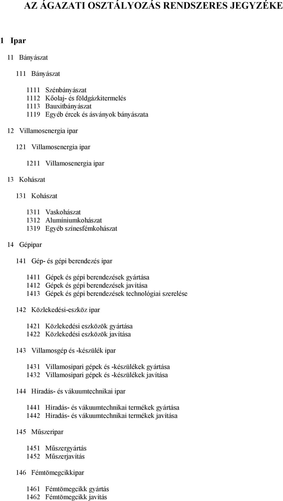 berendezés ipar 1411 Gépek és gépi berendezések gyártása 1412 Gépek és gépi berendezések javítása 1413 Gépek és gépi berendezések technológiai szerelése 142 Közlekedési-eszköz ipar 1421 Közlekedési