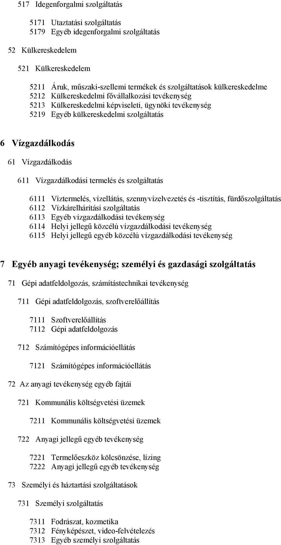 Vízgazdálkodási termelés és szolgáltatás 6111 Víztermelés, vízellátás, szennyvízelvezetés és -tisztítás, fürdőszolgáltatás 6112 Vízkárelhárítási szolgáltatás 6113 Egyéb vízgazdálkodási tevékenység