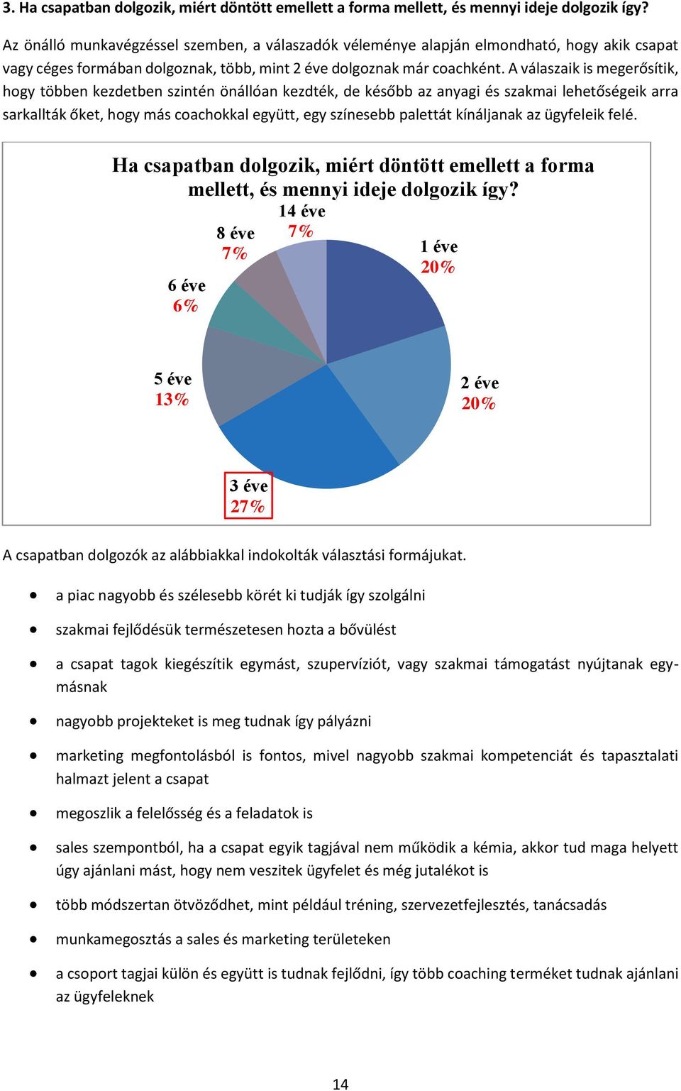 A válaszaik is megerősítik, hogy többen kezdetben szintén önállóan kezdték, de később az anyagi és szakmai lehetőségeik arra sarkallták őket, hogy más coachokkal együtt, egy színesebb palettát