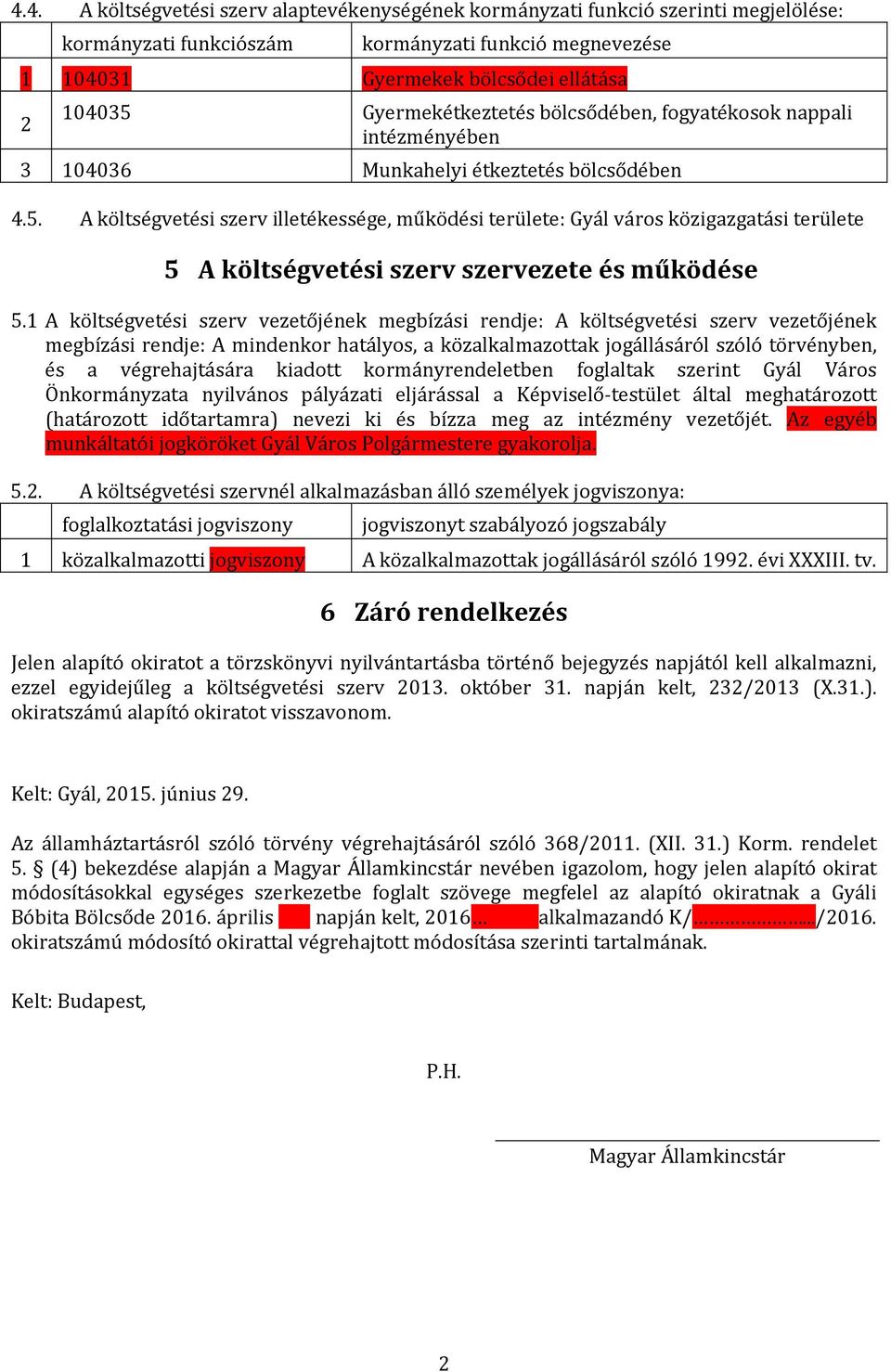 A költségvetési szerv illetékessége, működési területe: Gyál város közigazgatási területe 5 A költségvetési szerv szervezete és működése 5.