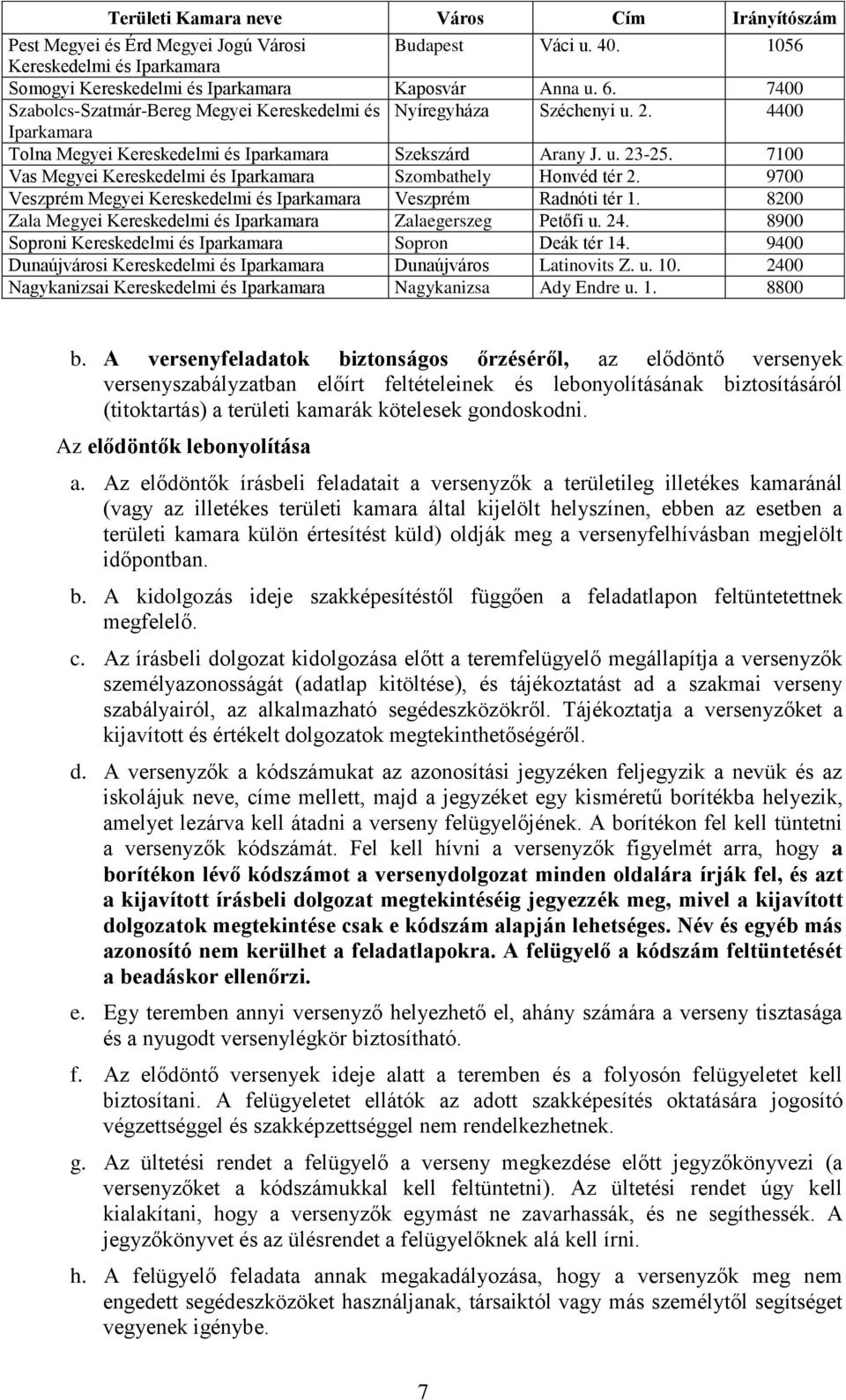 7100 Vas Megyei Kereskedelmi és Iparkamara Szombathely Honvéd tér 2. 9700 Veszprém Megyei Kereskedelmi és Iparkamara Veszprém Radnóti tér 1.