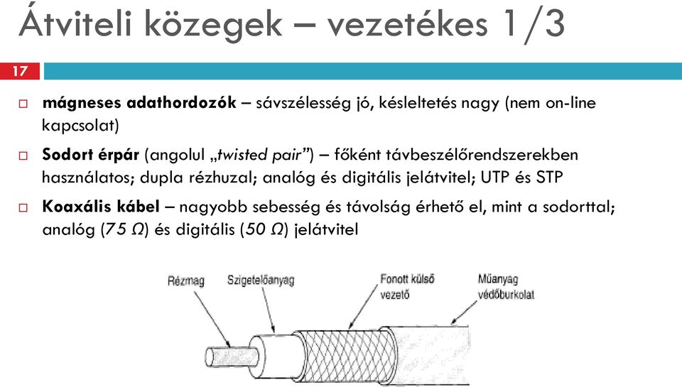 használatos; dupla rézhuzal; analóg és digitális jelátvitel; UTP és STP Koaxális kábel nagyobb