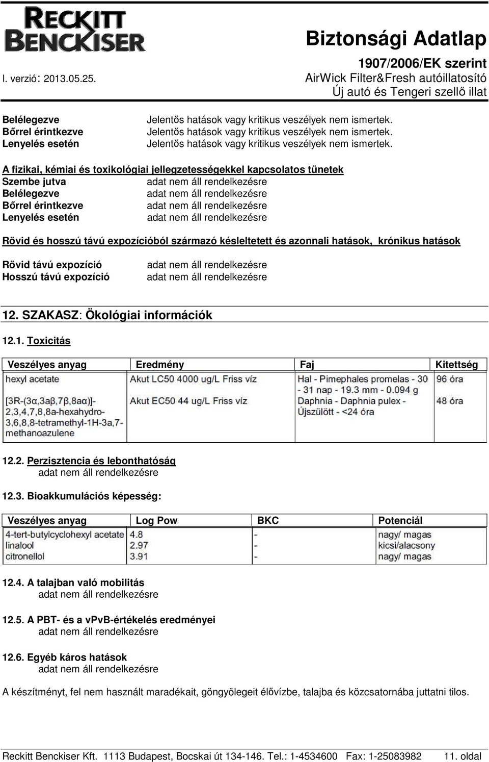 . SZAKASZ: Ökológiai információk 12.1. Toxicitás Veszélyes anyag Eredmény Faj Kitettség 12.2. Perzisztencia és lebonthatóság 12.3.