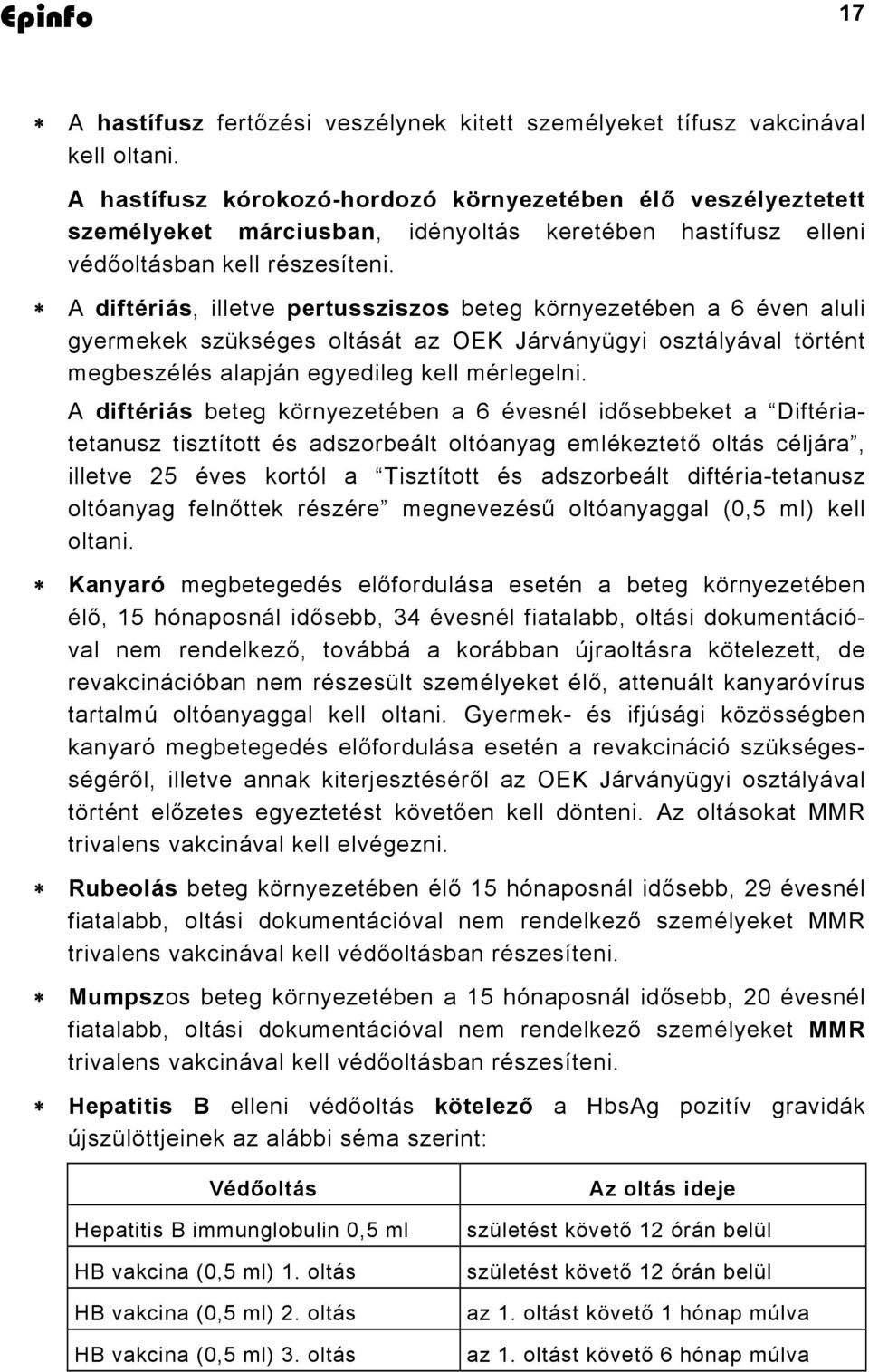 A diftériás, illetve pertussziszos beteg környezetében a 6 éven aluli gyermekek szükséges oltását az OEK Járványügyi osztályával történt megbeszélés alapján egyedileg kell mérlegelni.