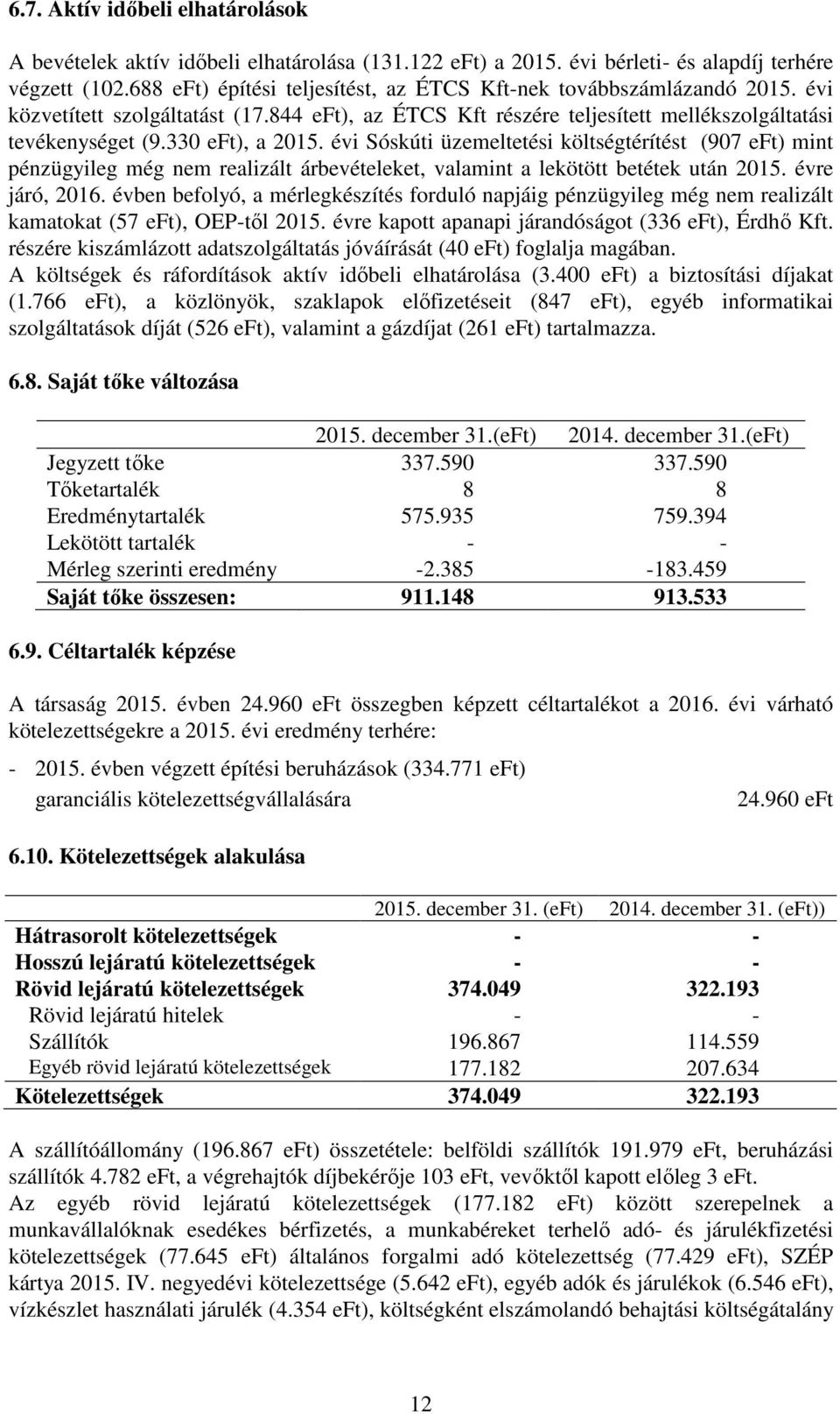 évi Sóskúti üzemeltetési költségtérítést (907 eft) mint pénzügyileg még nem realizált árbevételeket, valamint a lekötött betétek után 2015. évre járó, 2016.