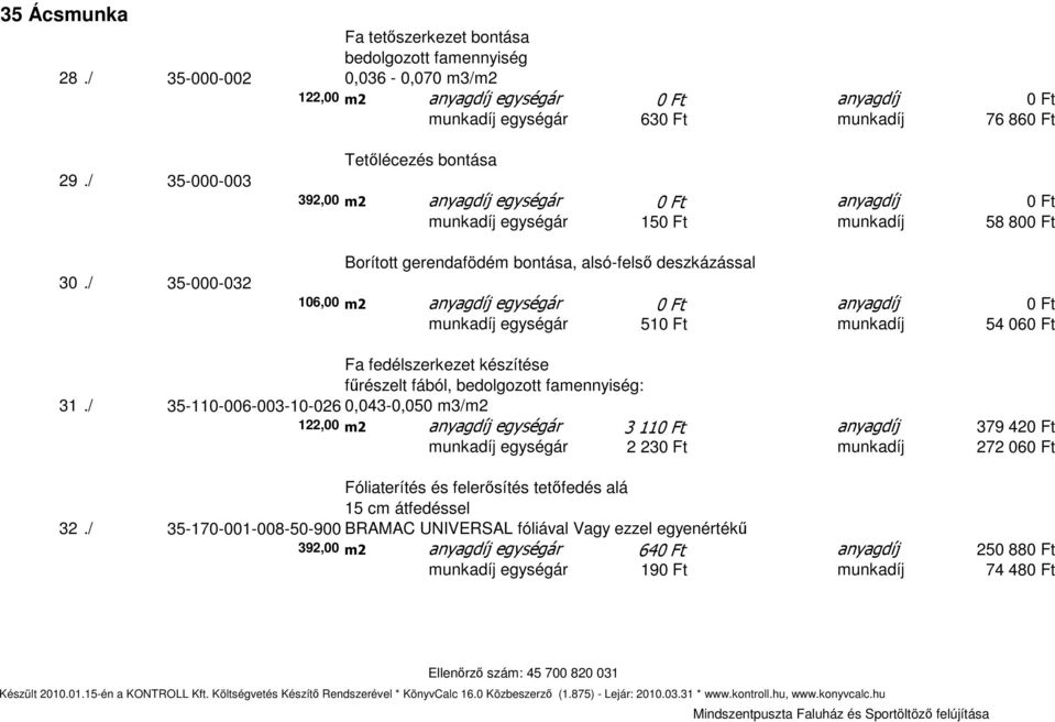 / 35-000-032 Tetılécezés bontása 392,00 m2 anyagdíj egységár 0 Ft anyagdíj 0 Ft munkadíj egységár 150 Ft munkadíj 58 800 Ft Borított gerendafödém bontása, alsó-felsı deszkázással 106,00 m2 anyagdíj