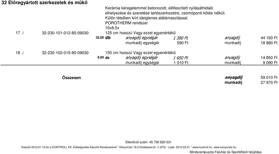 / 32-230-101-012-85-09030 125 cm hosszú Vagy ezzel egyenértékő 32,00 db anyagdíj egységár 1 380 Ft anyagdíj 44 160 Ft munkadíj egységár 590 Ft munkadíj 18