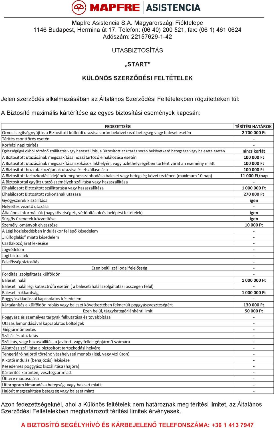 rögzítetteken túl: A Biztosító maximális kártérítése az egyes biztosítási események kapcsán: FEDEZETTSÉG TÉRÍTÉSI HATÁROK Orvosi segítségnyújtás a Biztosított külföldi utazása során bekövetkező