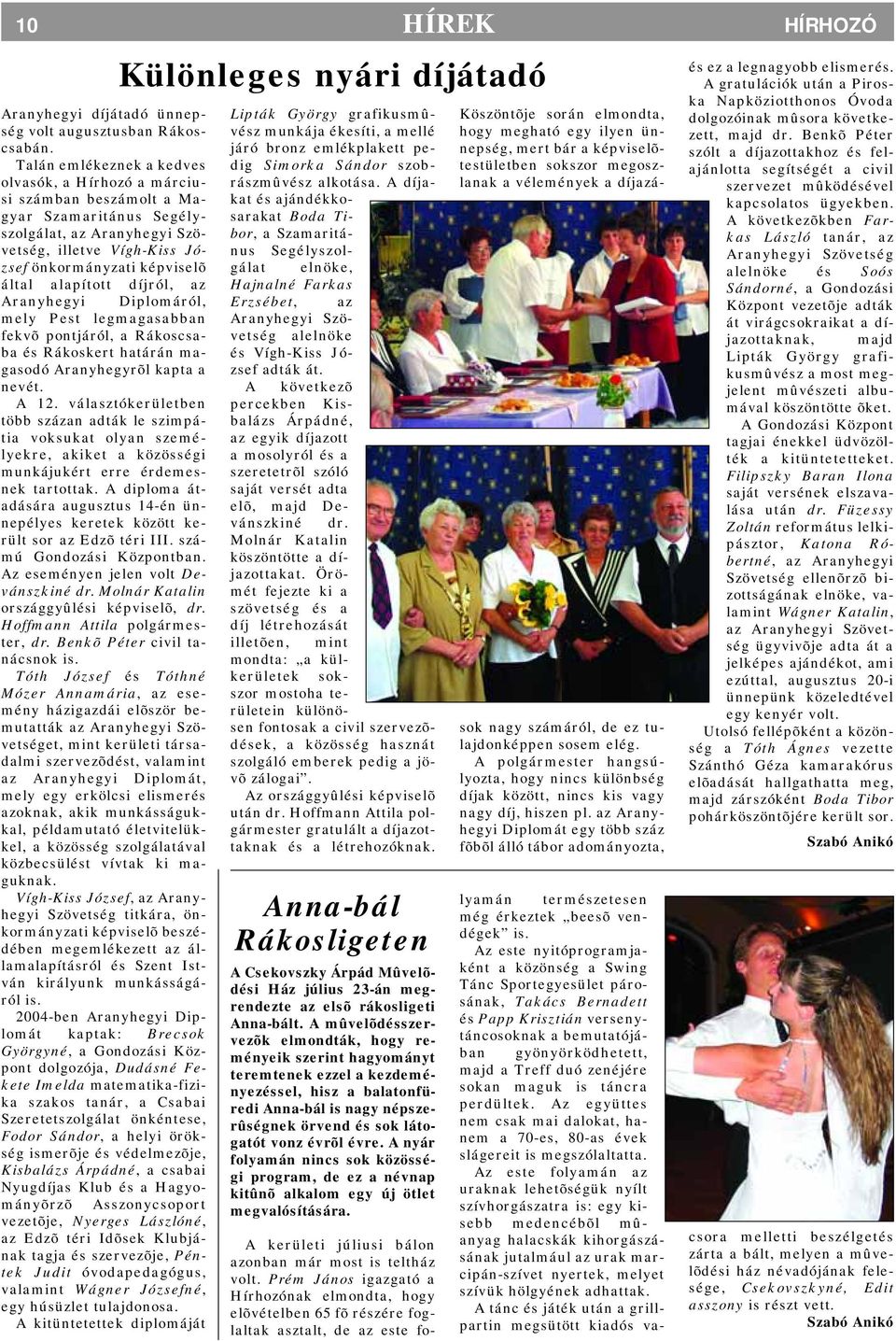 alapított díjról, az Aranyhegyi Diplomáról, mely Pest legmagasabban fekvõ pontjáról, a Rákoscsaba és Rákoskert határán magasodó Aranyhegyrõl kapta a nevét. A 12.