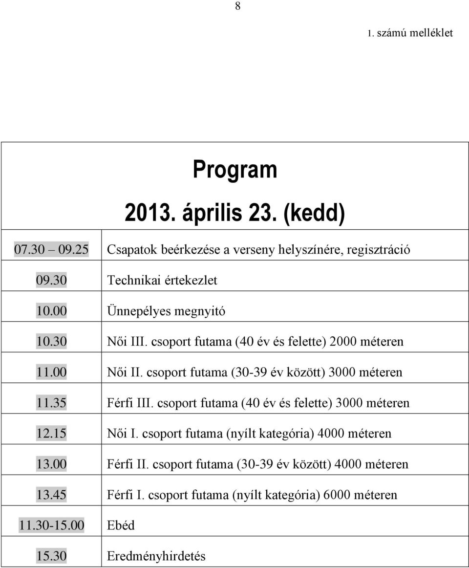 csoport futama (30-39 év között) 3000 méteren 11.35 Férfi III. csoport futama (40 év és felette) 3000 méteren 12.15 Női I.