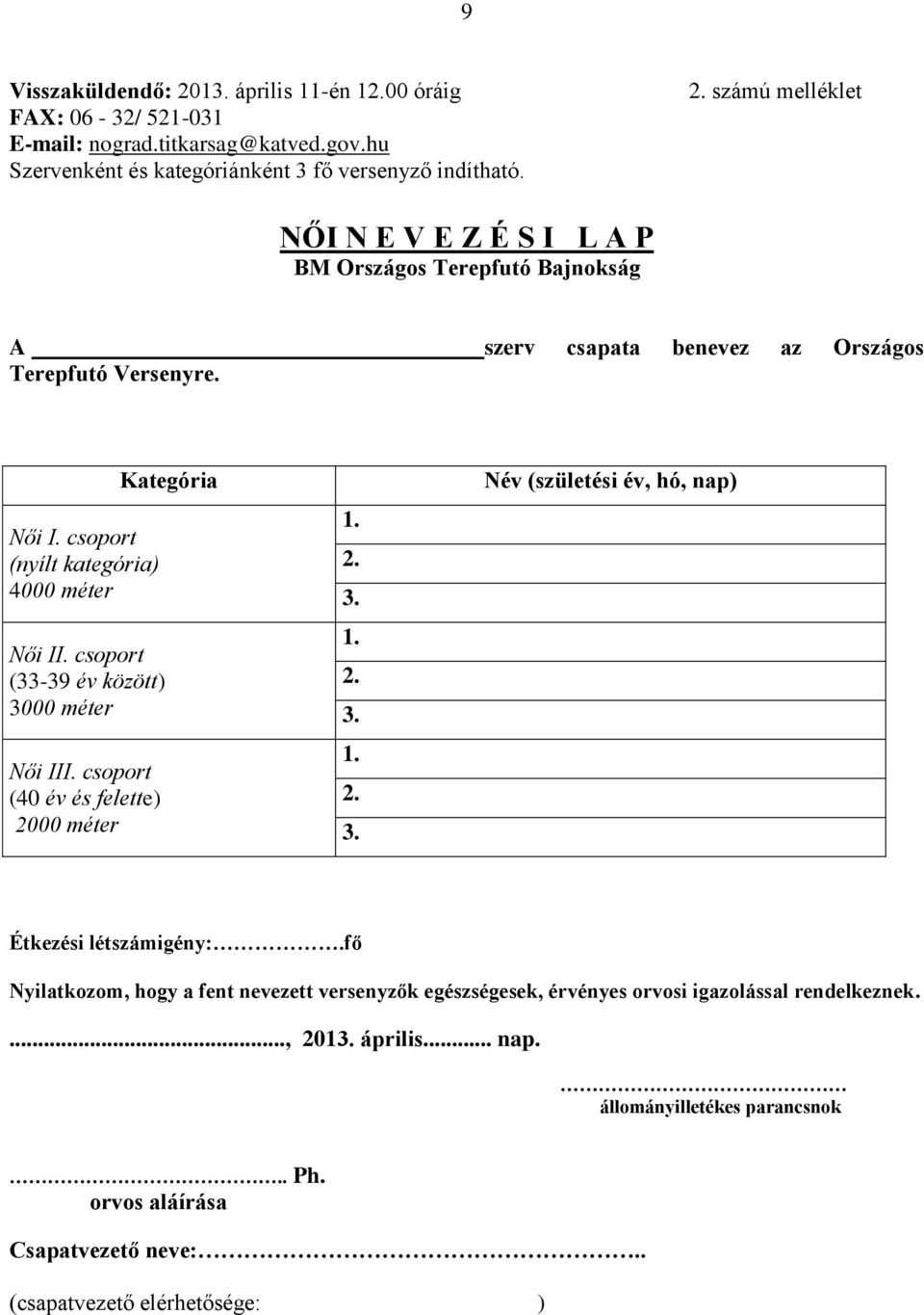 fő Nyilatkozom, hogy a fent nevezett versenyzők egészségesek, érvényes orvosi igazolással rendelkeznek...., 2013. április... nap. állományilletékes parancsnok.. Ph.