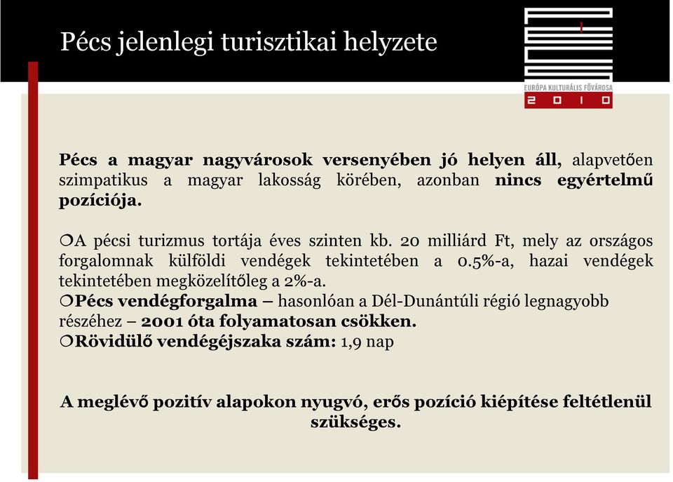 20 milliárd Ft, mely az országos forgalomnak külföldi vendégek tekintetében a 0.5%-a, hazai vendégek tekintetében megközelítőleg a 2%-a.