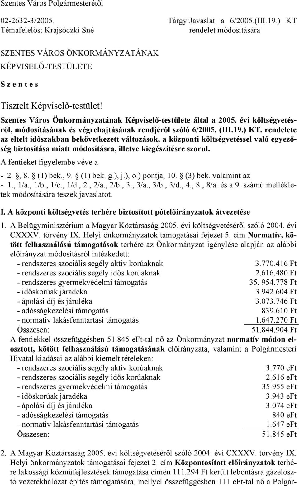 Szentes Város Önkormányzatának Képviselő-testülete által a költségvetésről, módosításának és végrehajtásának rendjéről szóló 6/2005. (III.19.) KT.