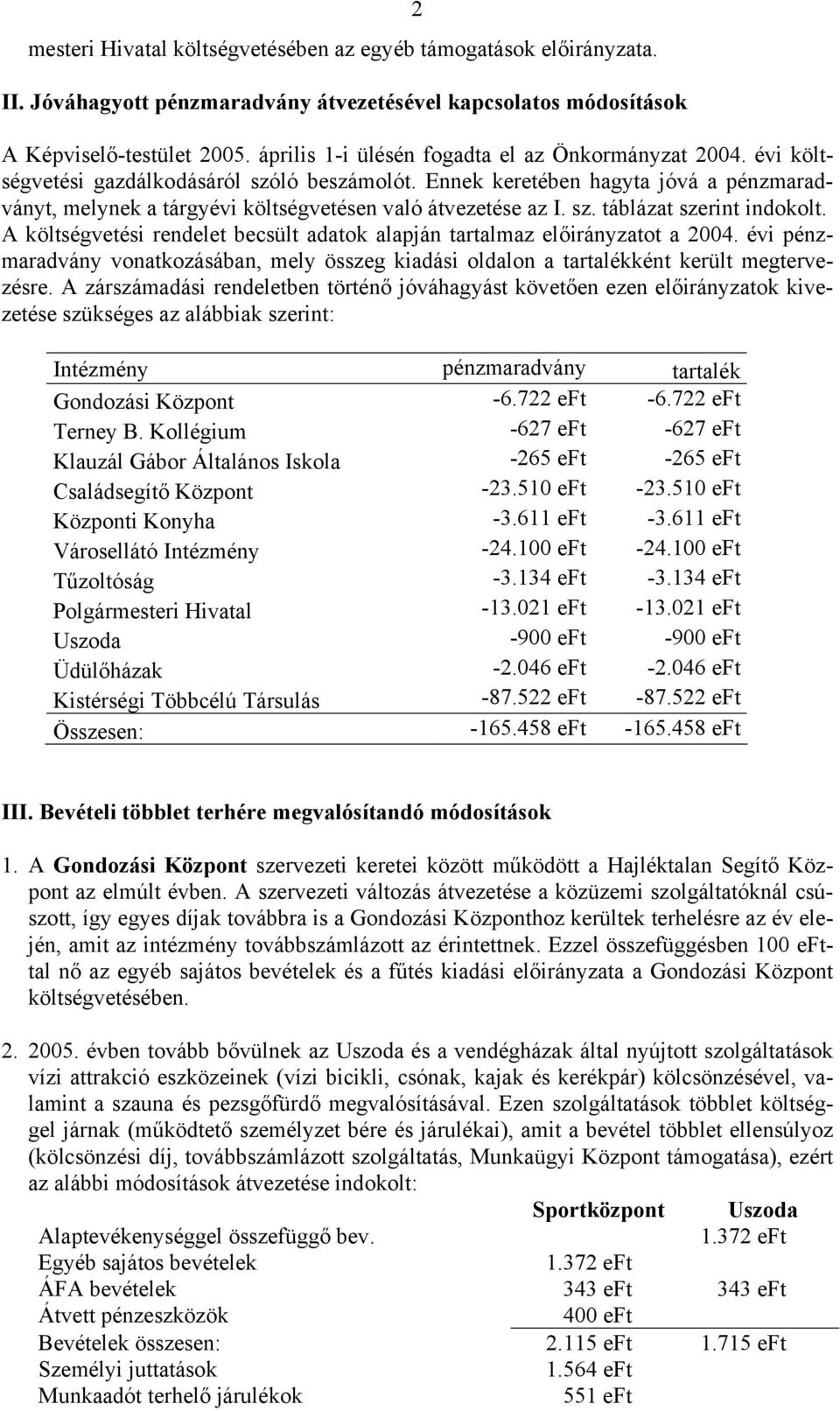 Ennek keretében hagyta jóvá a pénzmaradványt, melynek a tárgyévi költségvetésen való átvezetése az I. sz. táblázat szerint indokolt.