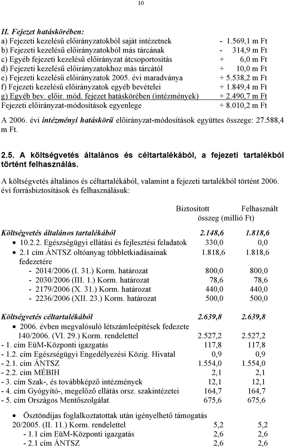 évi maradványa + 5.538,2 m Ft f) Fejezeti kezelésű ok egyéb bevételei + 1.849,4 m Ft g) Egyéb bev. előir. mód. fejezet hatáskörében (intézmények) + 2.490,7 m Ft Fejezeti -módosítások egyenlege + 8.