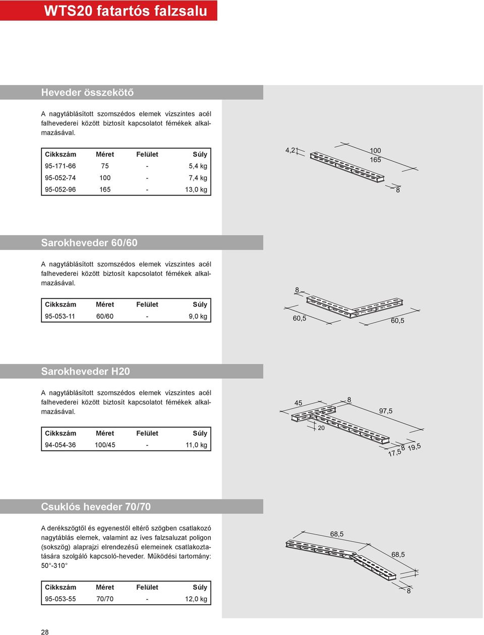 95-053-11 60/60-9,0 kg Sarokheveder H20 A nagytáblásított szomszédos elemek vízszintes acél falhevederei között biztosít kapcsolatot fémékek alkalmazásával.