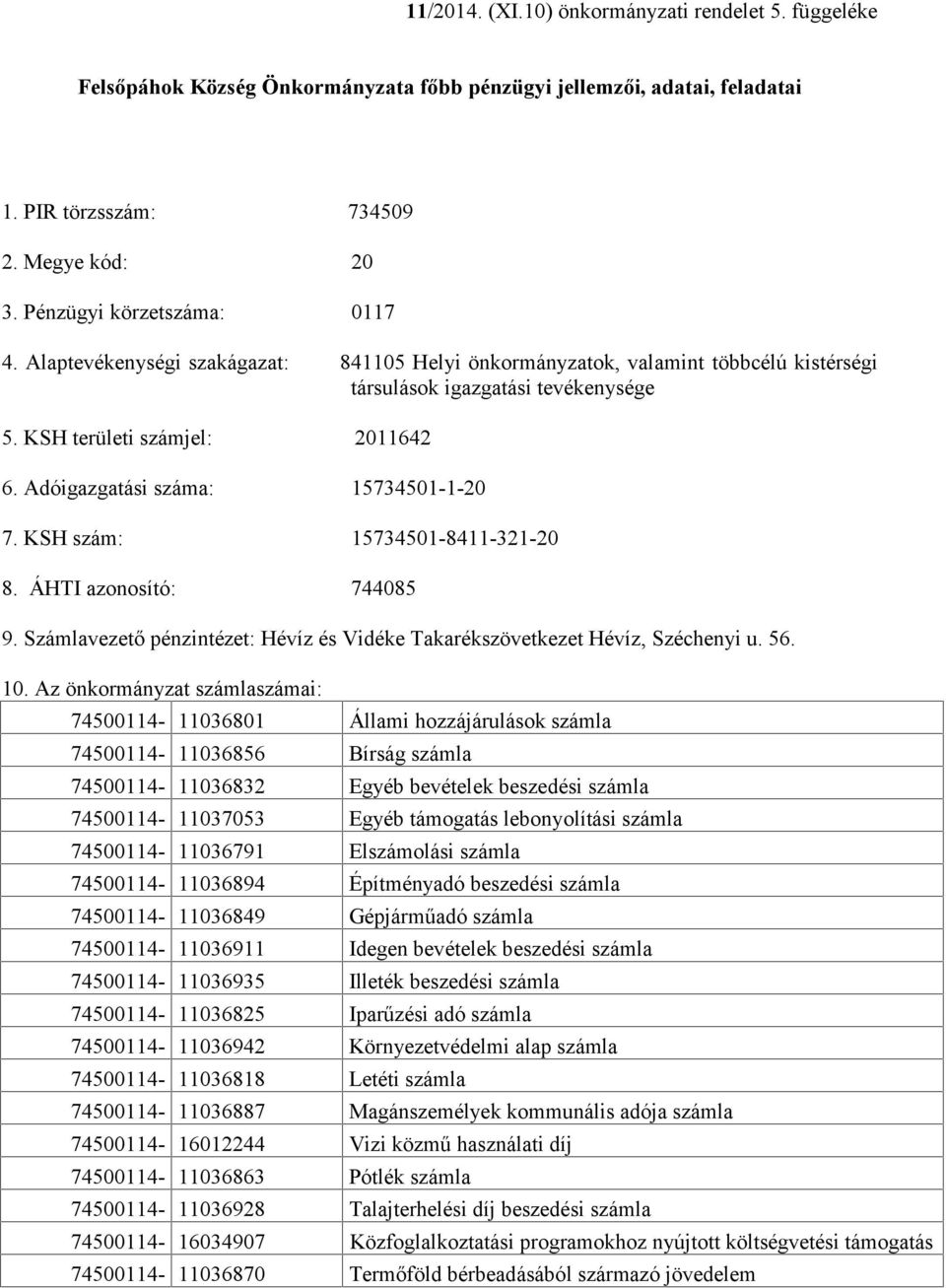 Adóigazgatási száma: 15734501-1-20 7. KSH szám: 15734501-8411-321-20 8. ÁHTI azonosító: 744085 9. Számlavezető pénzintézet: Hévíz és Vidéke Takarékszövetkezet Hévíz, Széchenyi u. 56. 10.
