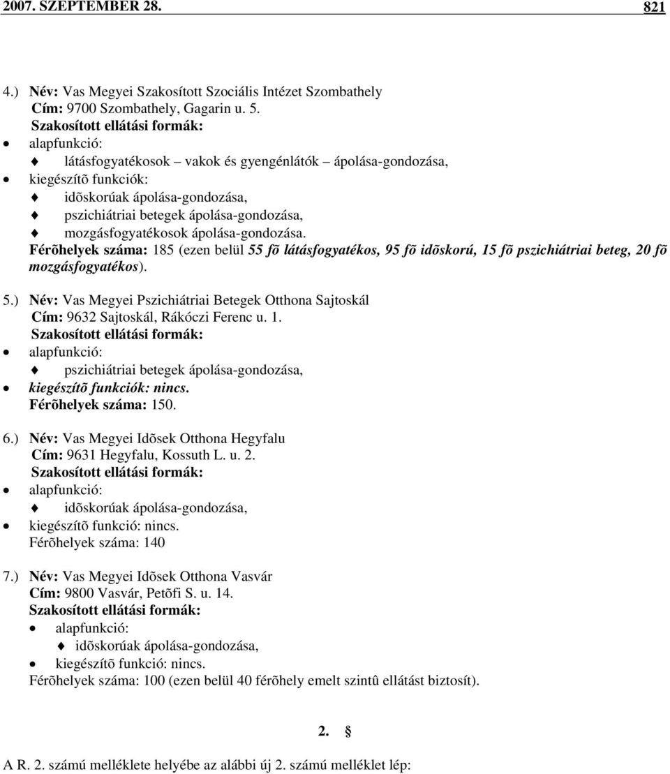 mozgásfogyatékosok ápolása-gondozása. Férõhelyek száma: 185 (ezen belül 55 fõ látásfogyatékos, 95 fõ idõskorú, 15 fõ pszichiátriai beteg, 20 fõ mozgásfogyatékos). 5.) Név: Vas Megyei Pszichiátriai Betegek Otthona Sajtoskál Cím: 9632 Sajtoskál, Rákóczi Ferenc u.