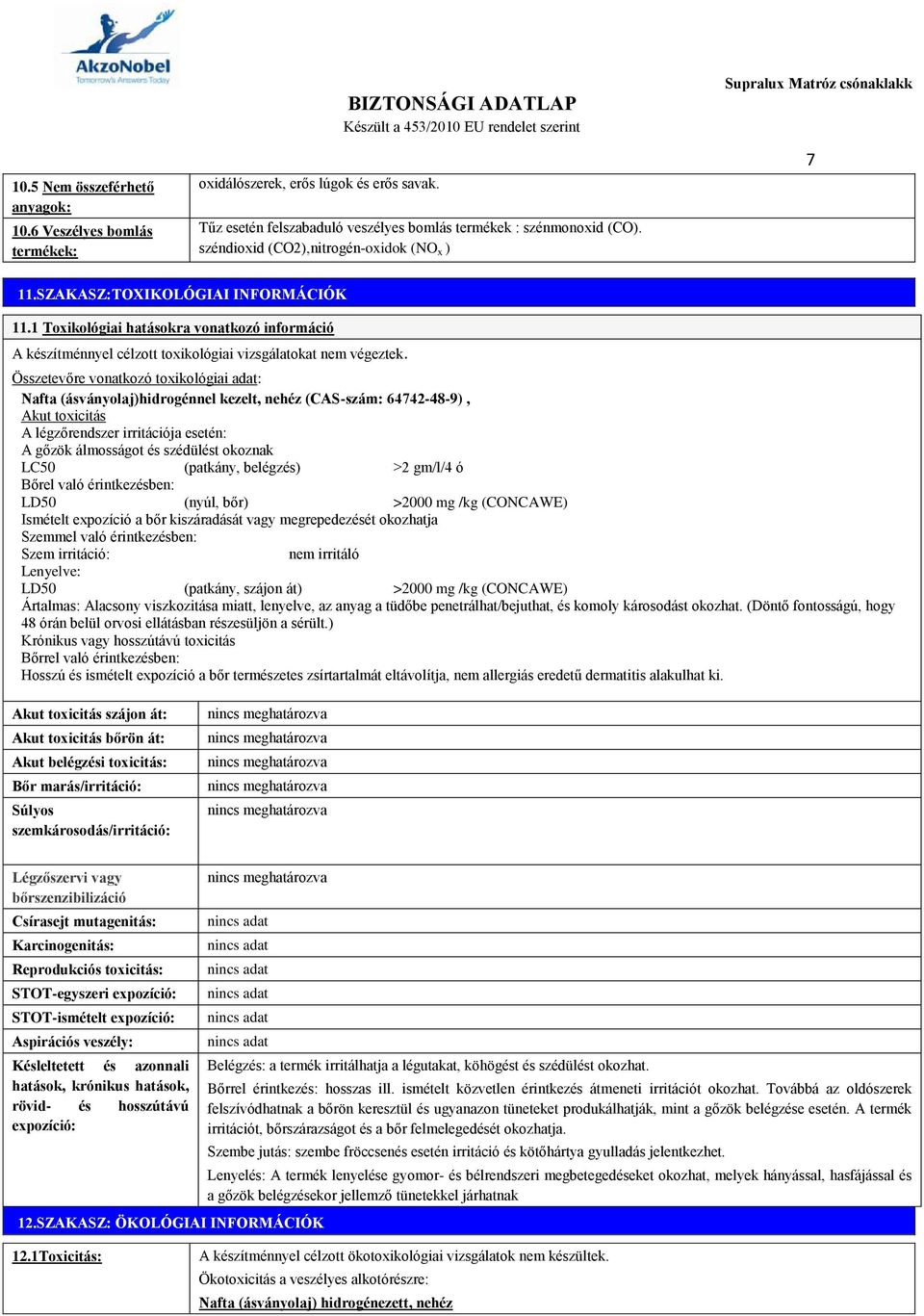 Összetevőre vonatkozó toxikológiai adat: Nafta (ásványolaj)hidrogénnel kezelt, nehéz (CAS-szám: 64742-48-9), Akut toxicitás A légzőrendszer irritációja esetén: A gőzök álmosságot és szédülést okoznak