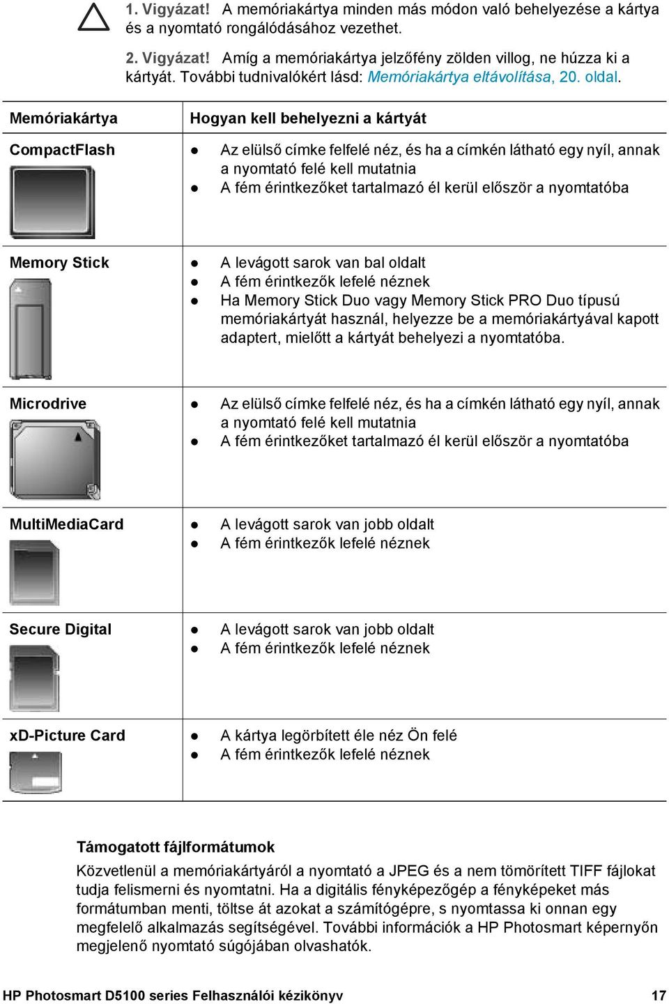 Memóriakártya Hogyan kell behelyezni a kártyát CompactFlash Az elülső címke felfelé néz, és ha a címkén látható egy nyíl, annak a nyomtató felé kell mutatnia A fém érintkezőket tartalmazó él kerül