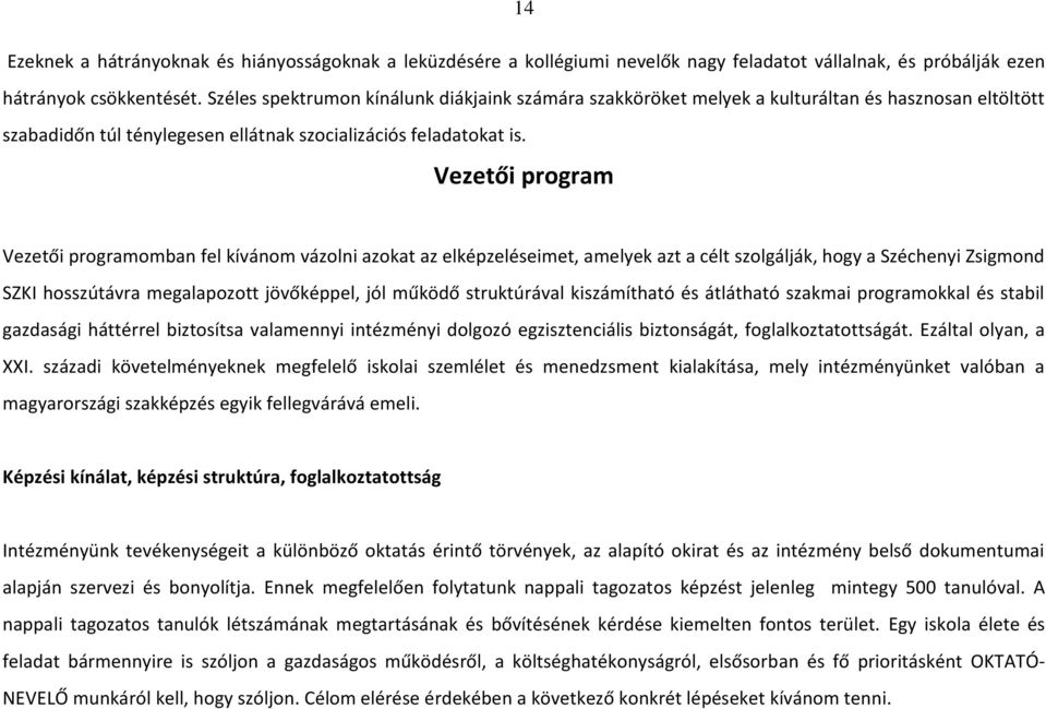 Vezetői program Vezetői programomban fel kívánom vázolni azokat az elképzeléseimet, amelyek azt a célt szolgálják, hogy a Széchenyi Zsigmond SZKI hosszútávra megalapozott jövőképpel, jól működő