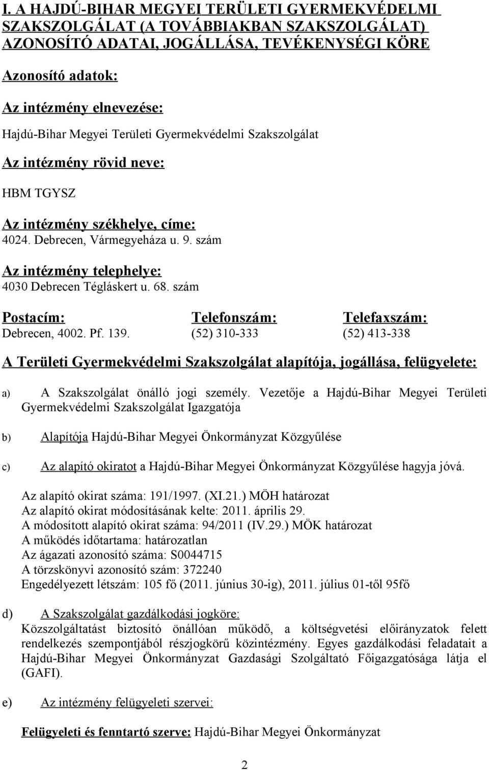 szám Az intézmény telephelye: 4030 Debrecen Tégláskert u. 68. szám Postacím: Telefonszám: Telefaxszám: Debrecen, 4002. Pf. 139.