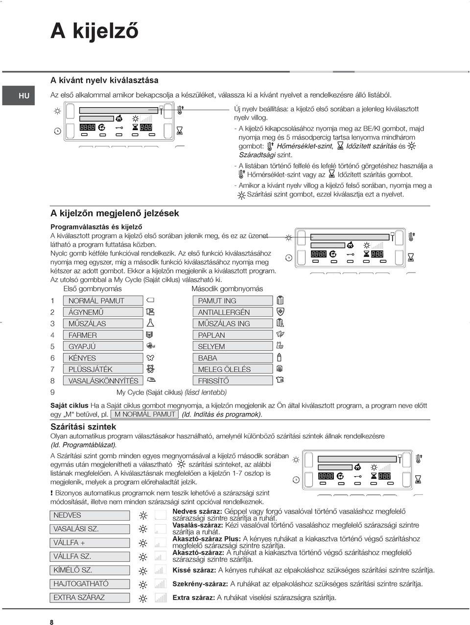 - A kijelző kikapcsolásához nyomja meg az BE/KI gombot, majd nyomja meg és 5 másodpercig tartsa lenyomva mindhárom gombot: Hőmérséklet-szint, Időzített szárítás és Száradtsági szint.