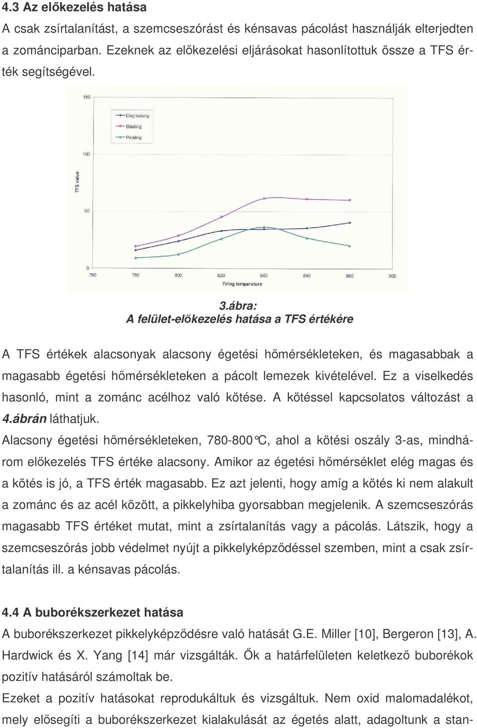 ábra: A felület-elkezelés hatása a TFS értékére A TFS értékek alacsonyak alacsony égetési hmérsékleteken, és magasabbak a magasabb égetési hmérsékleteken a pácolt lemezek kivételével.