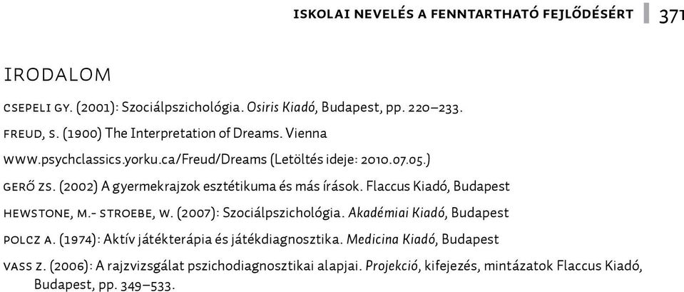 Flaccus Kiadó, Budapest HEWSTONE, M.- STROEBE, W. (2007): Szociálpszichológia. Akadémiai Kiadó, Budapest POLCZ A.