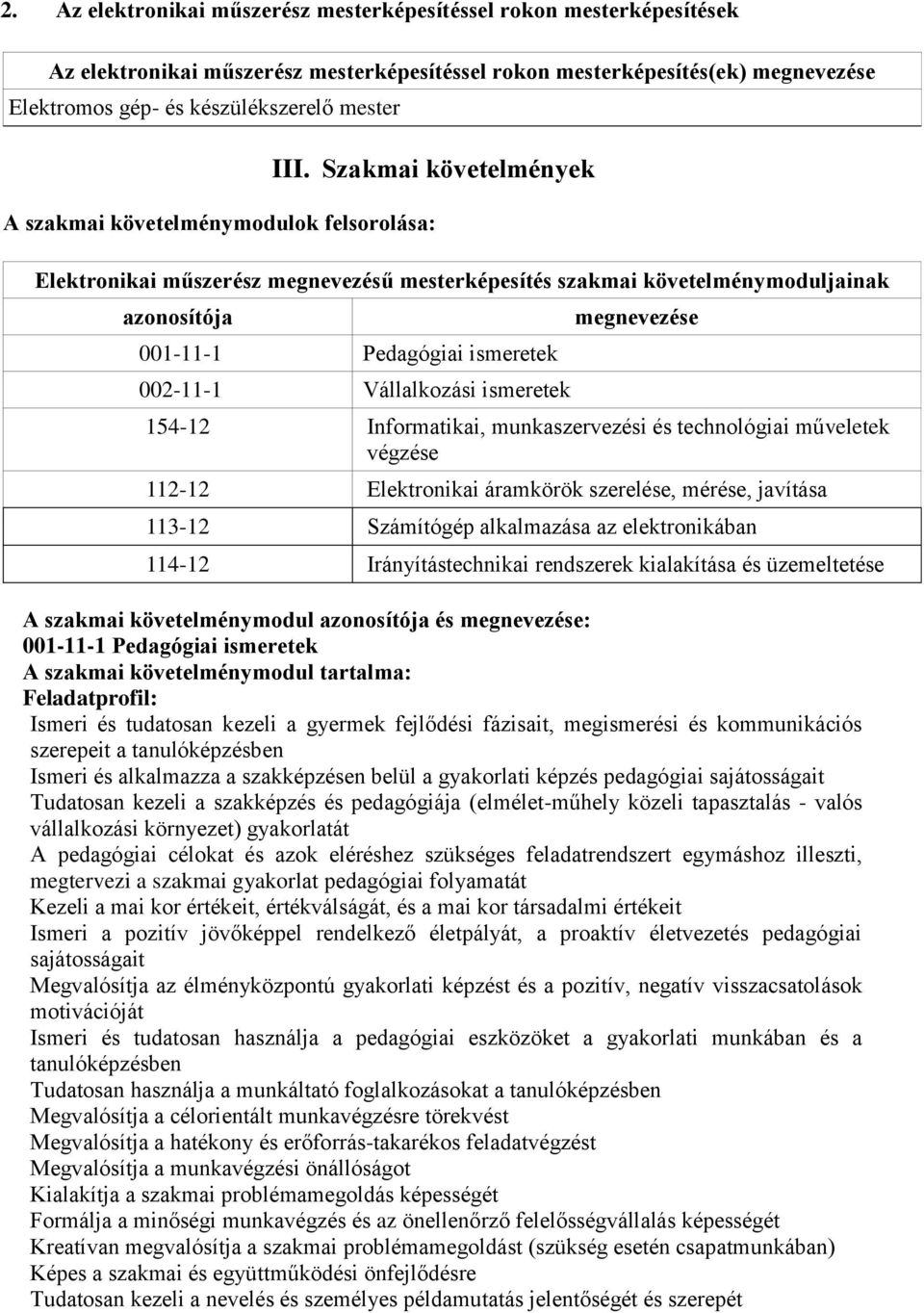 002-11-1 Vállalkozási ismeretek megnevezése 154-12 Informatikai, munkaszervezési és technológiai műveletek végzése 112-12 Elektronikai áramkörök szerelése, mérése, javítása 113-12 Számítógép