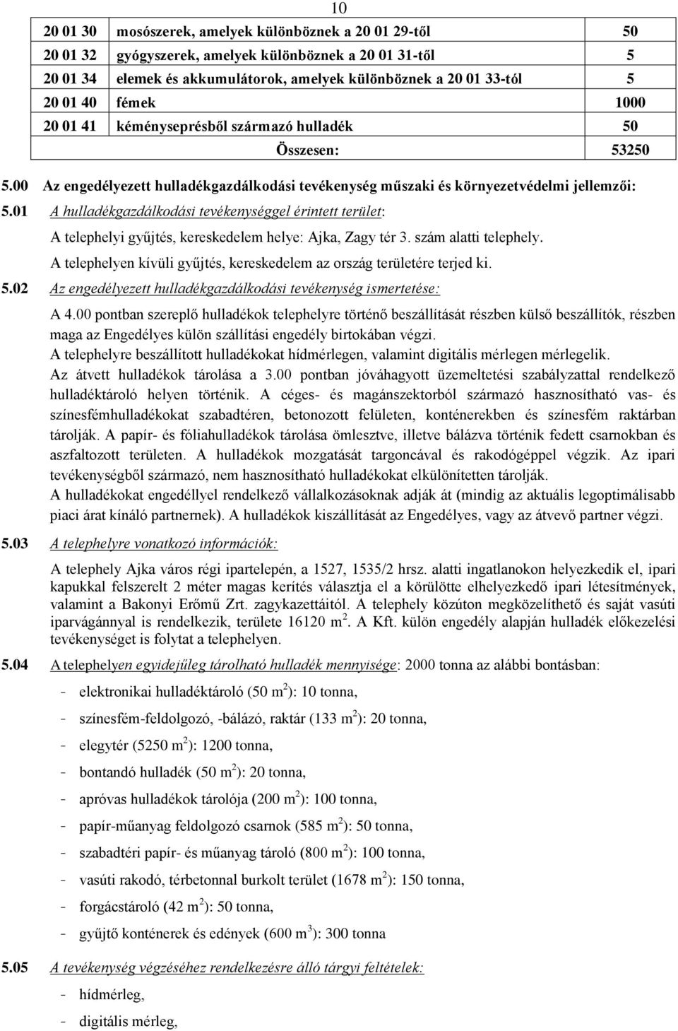 01 A hulladékgazdálkodási tevékenységgel érintett terület: A telephelyi gyűjtés, kereskedelem helye: Ajka, Zagy tér 3. szám alatti telephely.