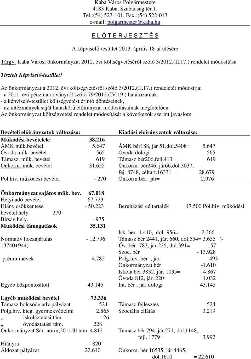 évi költségvetésről szóló 3/2012.(II.17.) rendeletét módosítja: - a 2011. évi pénzmaradványról szóló 79/2012.(IV.19.