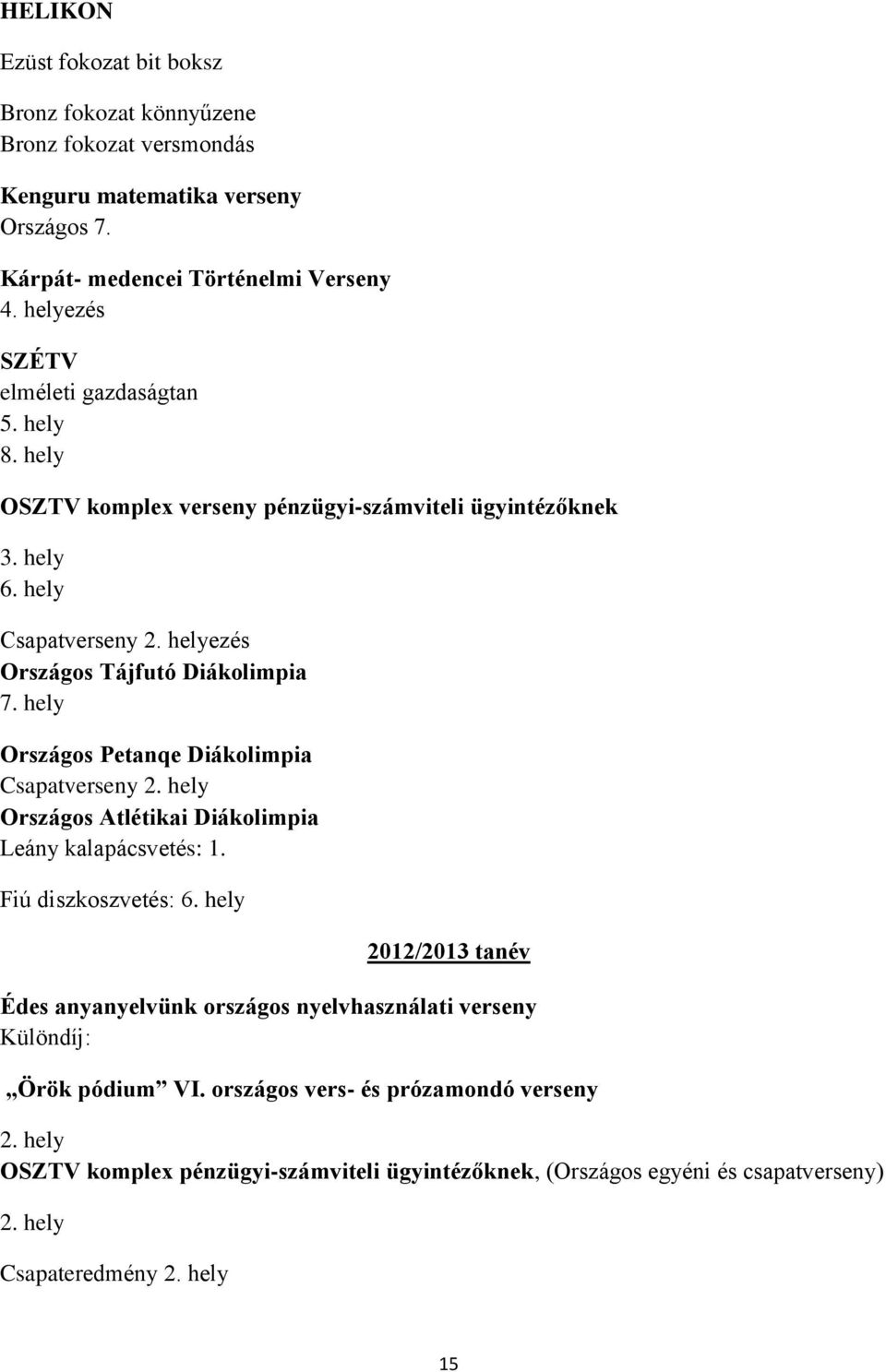 hely Országos Petanqe Diákolimpia Csapatverseny 2. hely Országos Atlétikai Diákolimpia Leány kalapácsvetés: 1. Fiú diszkoszvetés: 6.