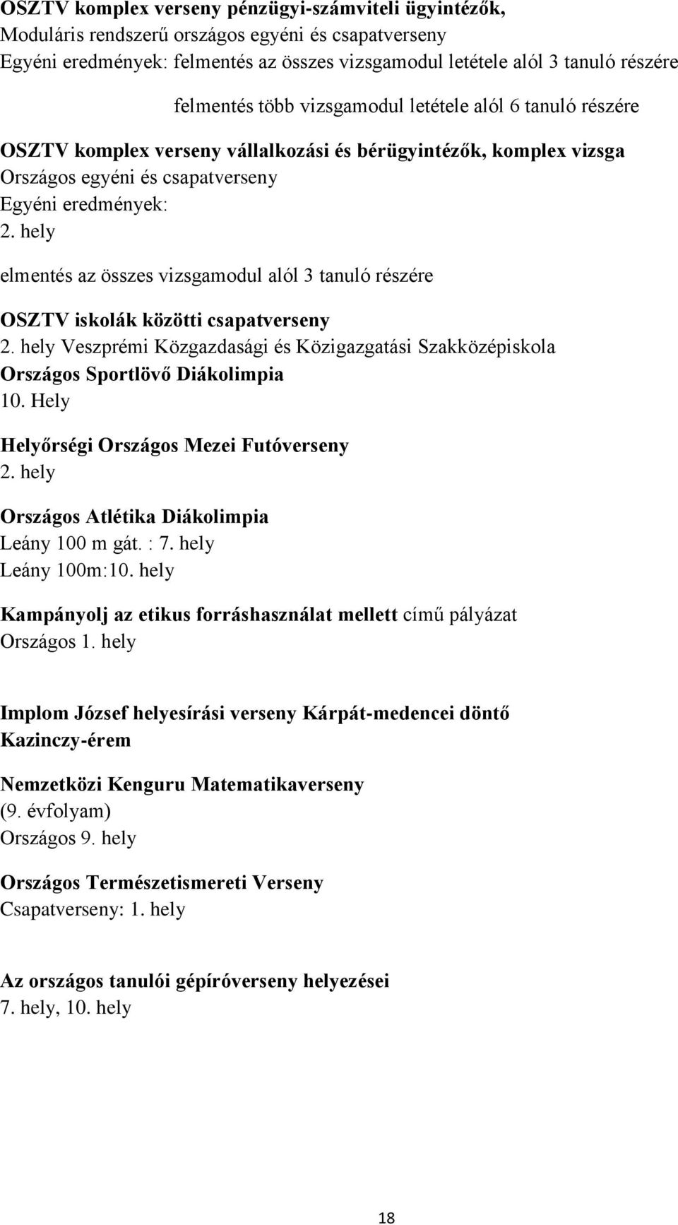 hely elmentés az összes vizsgamodul alól 3 tanuló részére OSZTV iskolák közötti csapatverseny 2. hely Veszprémi Közgazdasági és Közigazgatási Szakközépiskola Országos Sportlövő Diákolimpia 10.