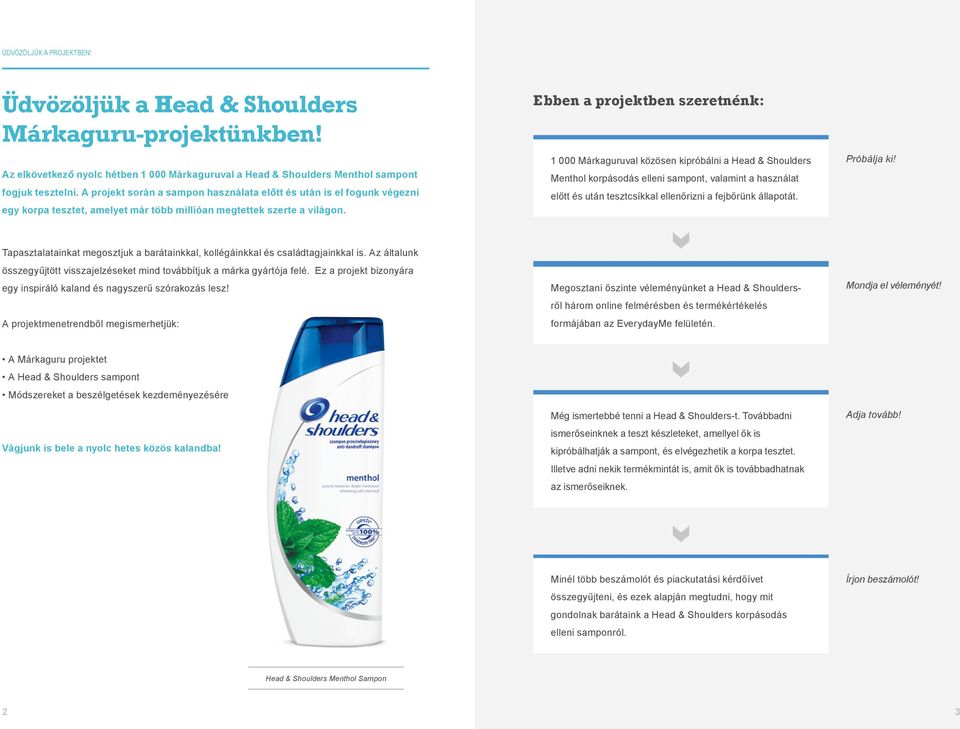 Ebben a projektben szeretnénk: 1 000 Márkaguruval közösen kipróbálni a Head & Shoulders Menthol korpásodás elleni sampont, valamint a használat előtt és után tesztcsíkkal ellenőrizni a fejbőrünk