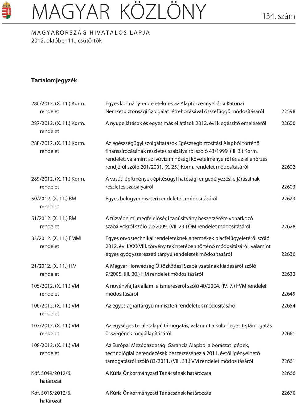 (X. 11.) VM rendelet 108/2012. (X. 11.) VM rendelet Köf. 5049/2012/6. határozat Köf. 5015/2012/6.