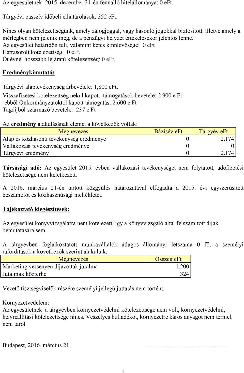 Az egyesület határidőn túli, valamint kétes kinnlevősége: 0 eft Hátrasorolt kötelezettség: 0 eft. Öt évnél hosszabb lejáratú kötelezettség: 0 eft.