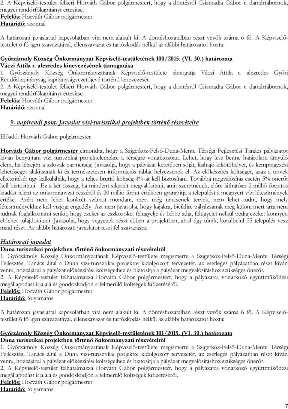 Győrzámoly Község Önkormányzatának Képviselő-testülete támogatja Váczi Attila r. alezredes Győri Rendőrkapitányság kapitányságvezetőjévé történő kinevezését.  Határidő: azonnal 9.