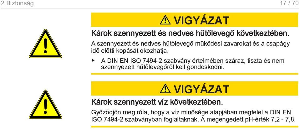 A DIN EN ISO 7494-2 szabvány értelmében száraz, tiszta és nem szennyezett hűtőlevegőről kell gondoskodni.