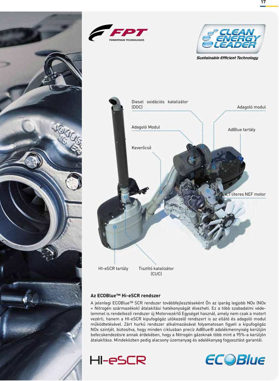 Ez a több szabadalmi védelemmel is rendelkező rendszer új Motorvezérlő Egységet használ, amely nem csak a motort vezérli, hanem a HI-eSCR kipufogógáz utókezelő rendszert is az ellátó és adagoló modul