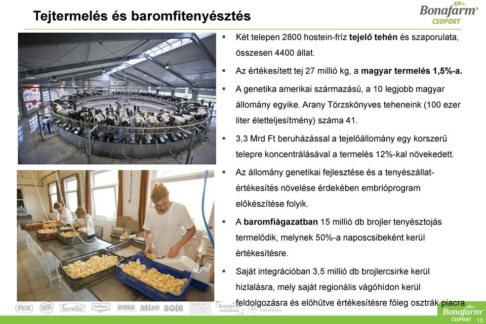3,3 Mrd Ft beruházással a tejelőállomány egy korszerű telepre koncentrálásával a termelés 12%-kal növekedett.