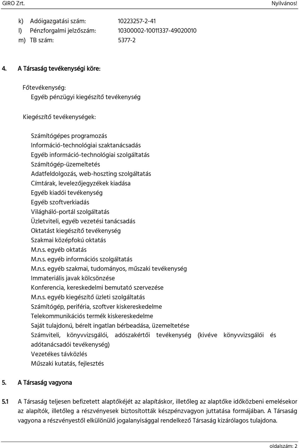 információ-technológiai szolgáltatás Számítógép-üzemeltetés Adatfeldolgozás, web-hoszting szolgáltatás Címtárak, levelezőjegyzékek kiadása Egyéb kiadói tevékenység Egyéb szoftverkiadás