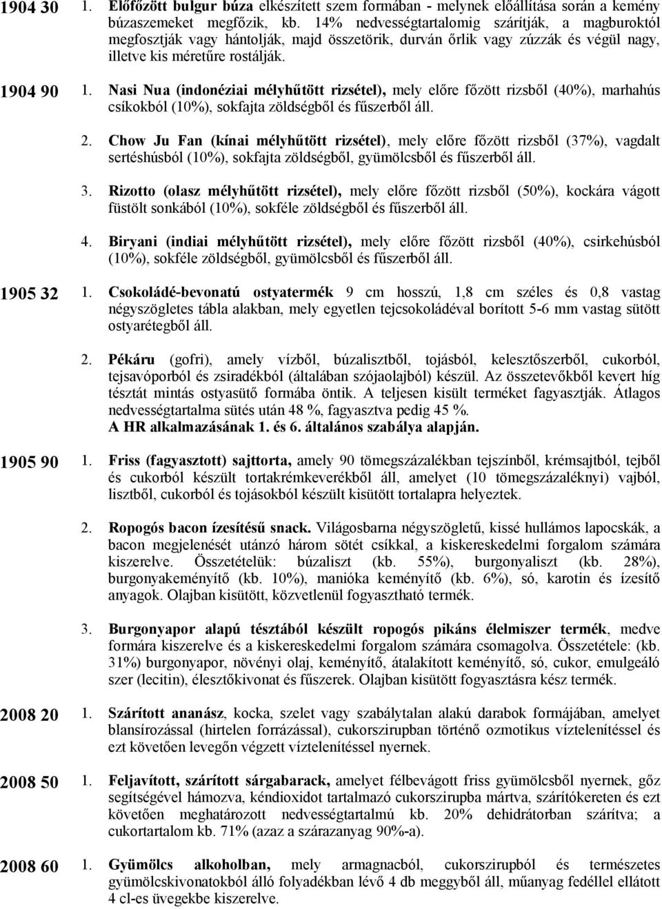 1904 90 Nasi Nua (indonéziai mélyhűtött rizsétel), mely előre főzött rizsből (40%), marhahús csíkokból (10%), sokfajta zöldségből és fűszerből áll.