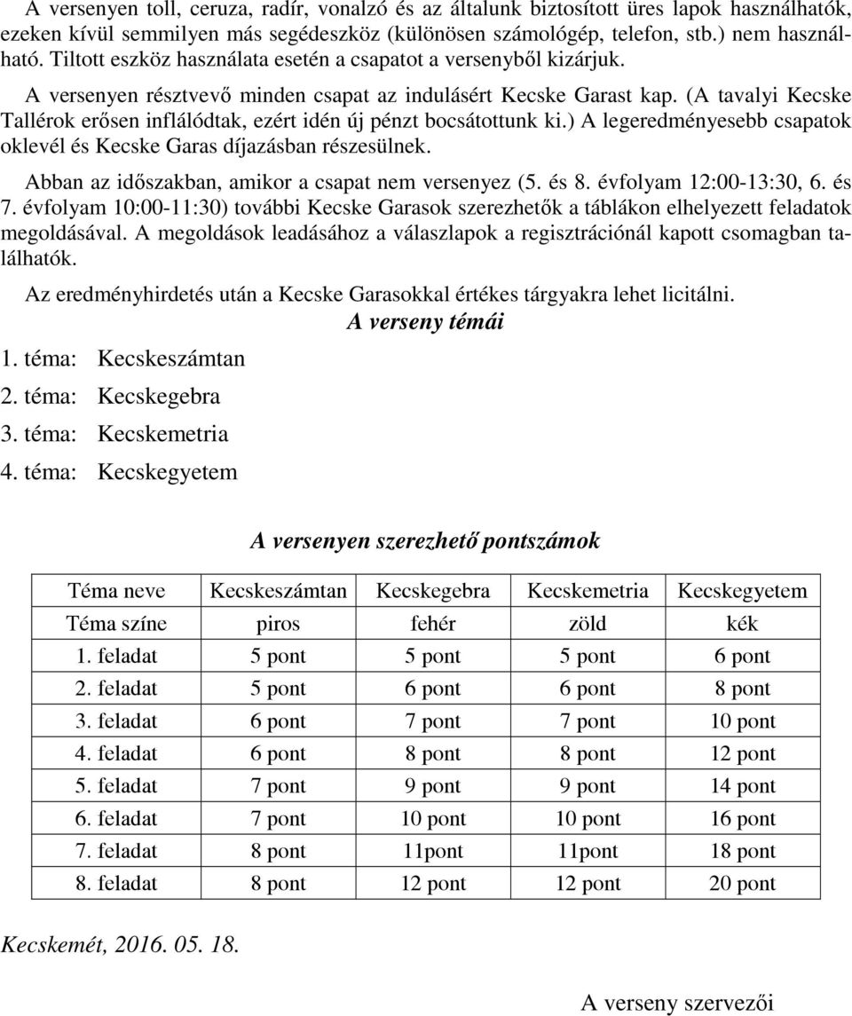 (A tavalyi Kecske Tallérok erősen inflálódtak, ezért idén új pénzt bocsátottunk ki.) A legeredményesebb csapatok oklevél és Kecske Garas díjazásban részesülnek.