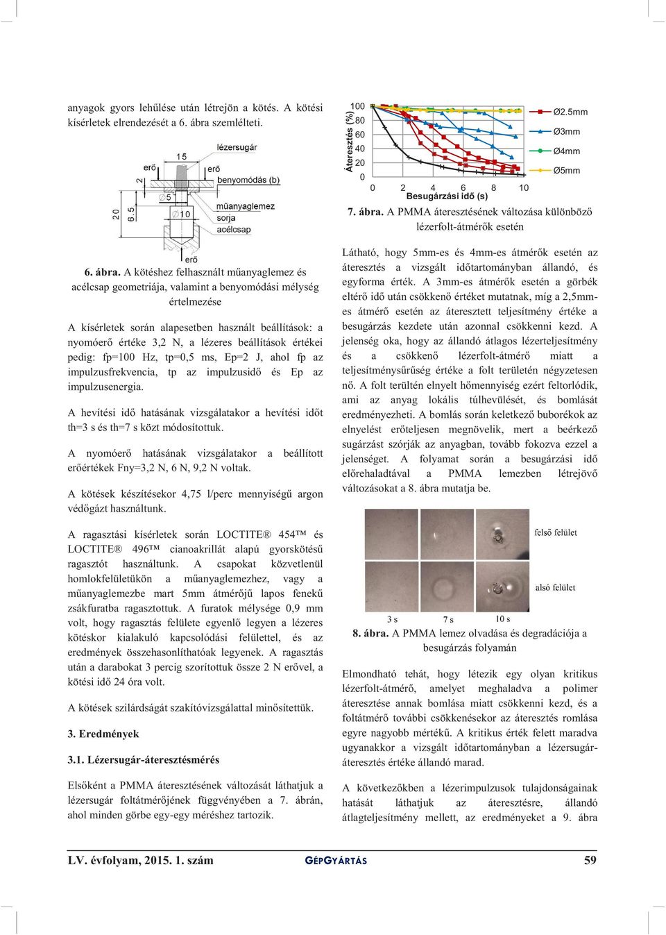 A kötéshez felhasznált műanyaglemez és acélcsap geometriája, valamint a benyomódási mélység értelmezése A kísérletek során alapesetben használt beállítások: a nyomóerő értéke 3,2 N, a lézeres