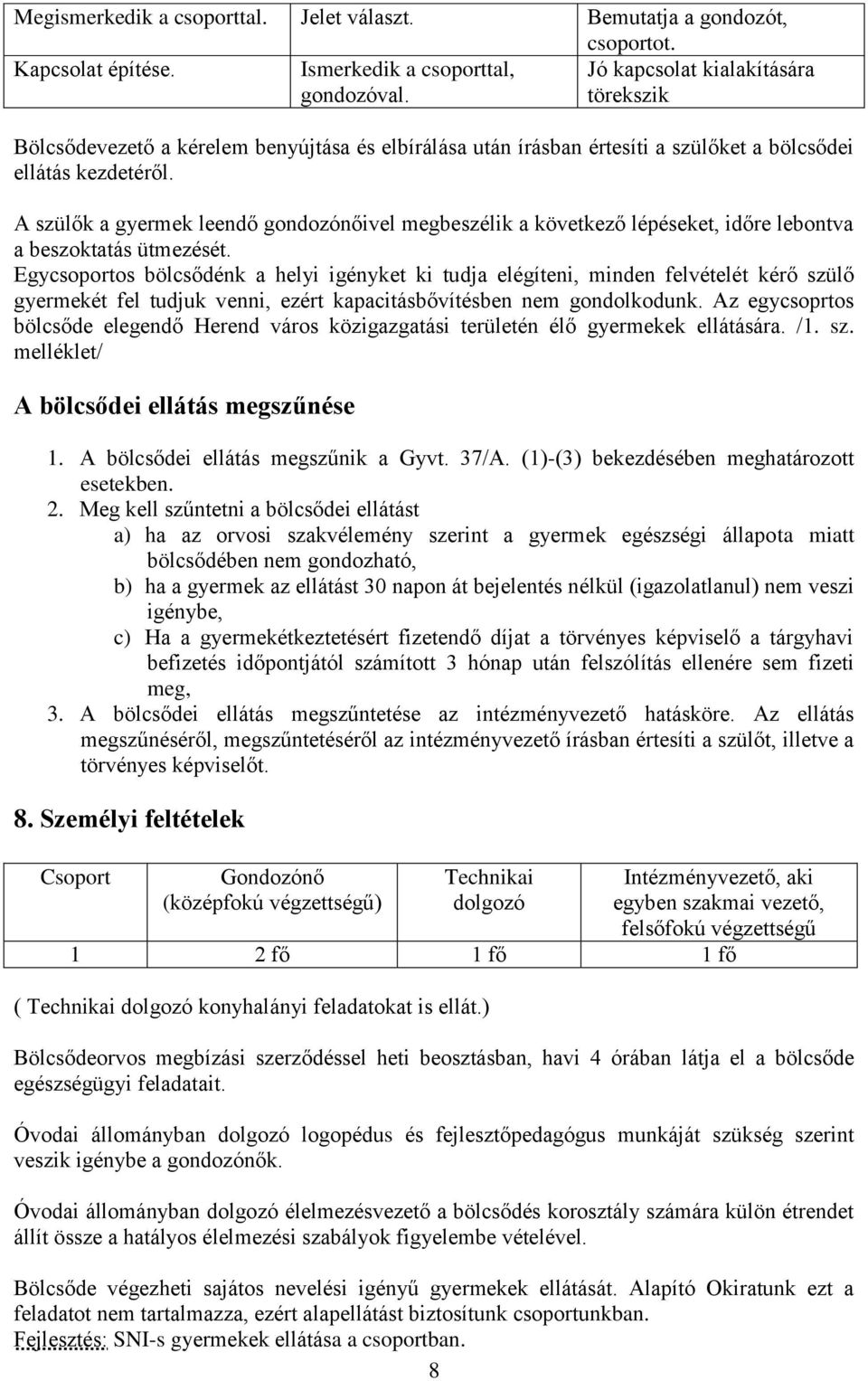 A szülők a gyermek leendő gondozónőivel megbeszélik a következő lépéseket, időre lebontva a beszoktatás ütmezését.